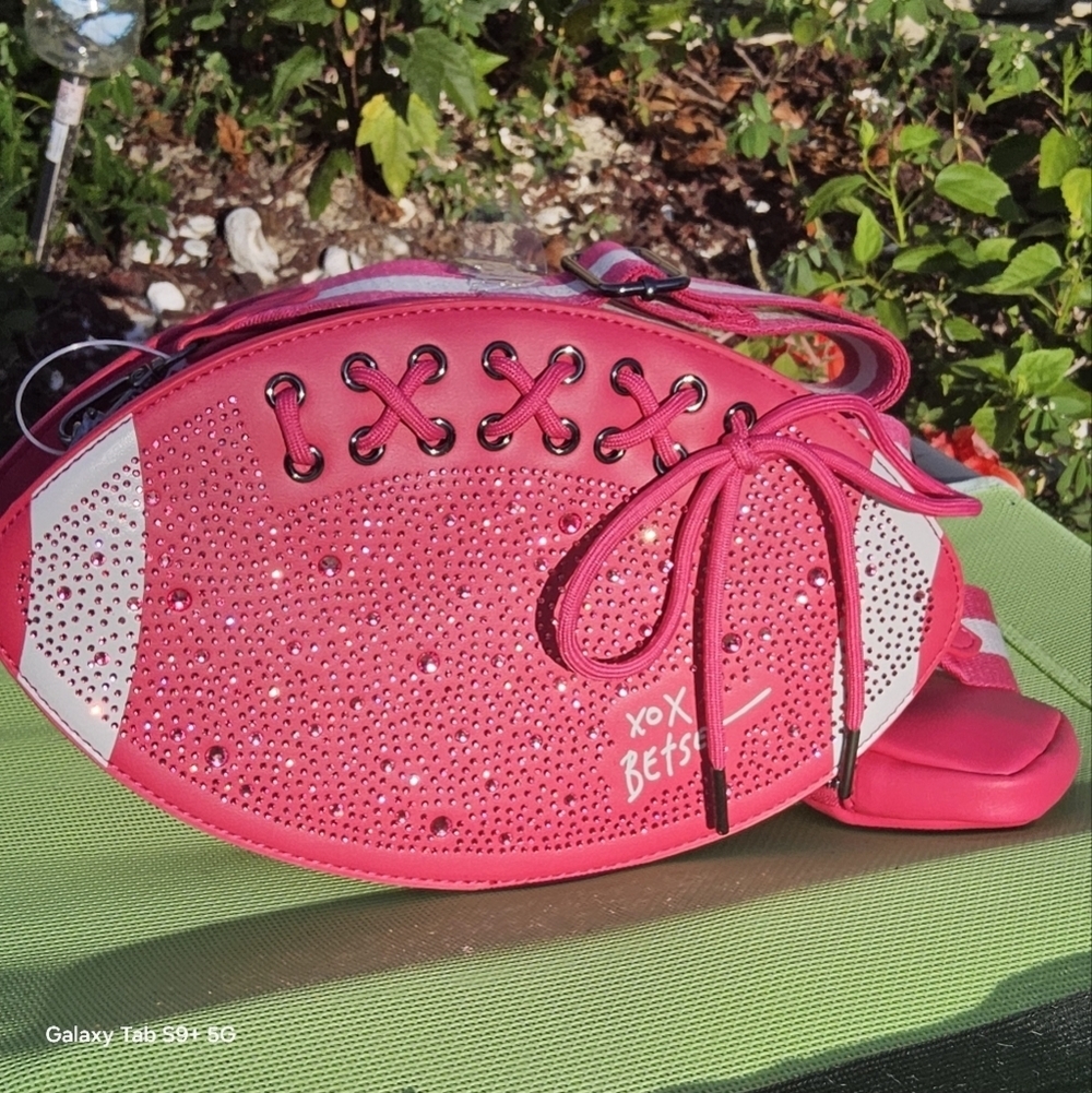 Betsey Johnson Pink and White Football Crossbody with Lace Details
